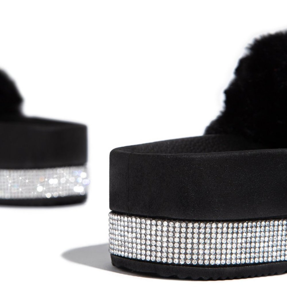 NEW Rhinestone Faux Fur Slide Sandal Flat Platform - Picture 5 of 5